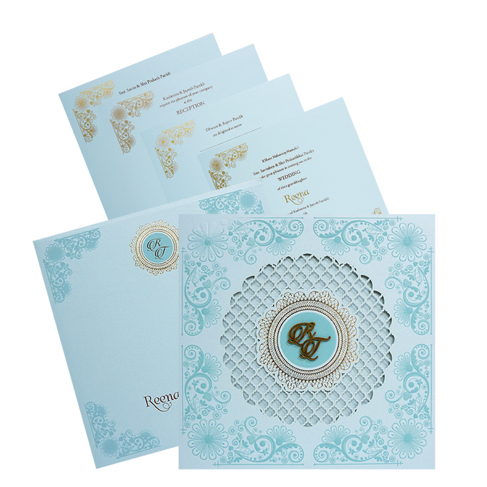 Blue Padded Laser Cut Wedding Card-King of Cards