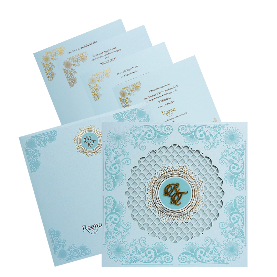 Make your event special with our exclusive Blue Padded Laser Cut Wedding Card. Shop now! ?WhatsApp Support ?Express Delivery.