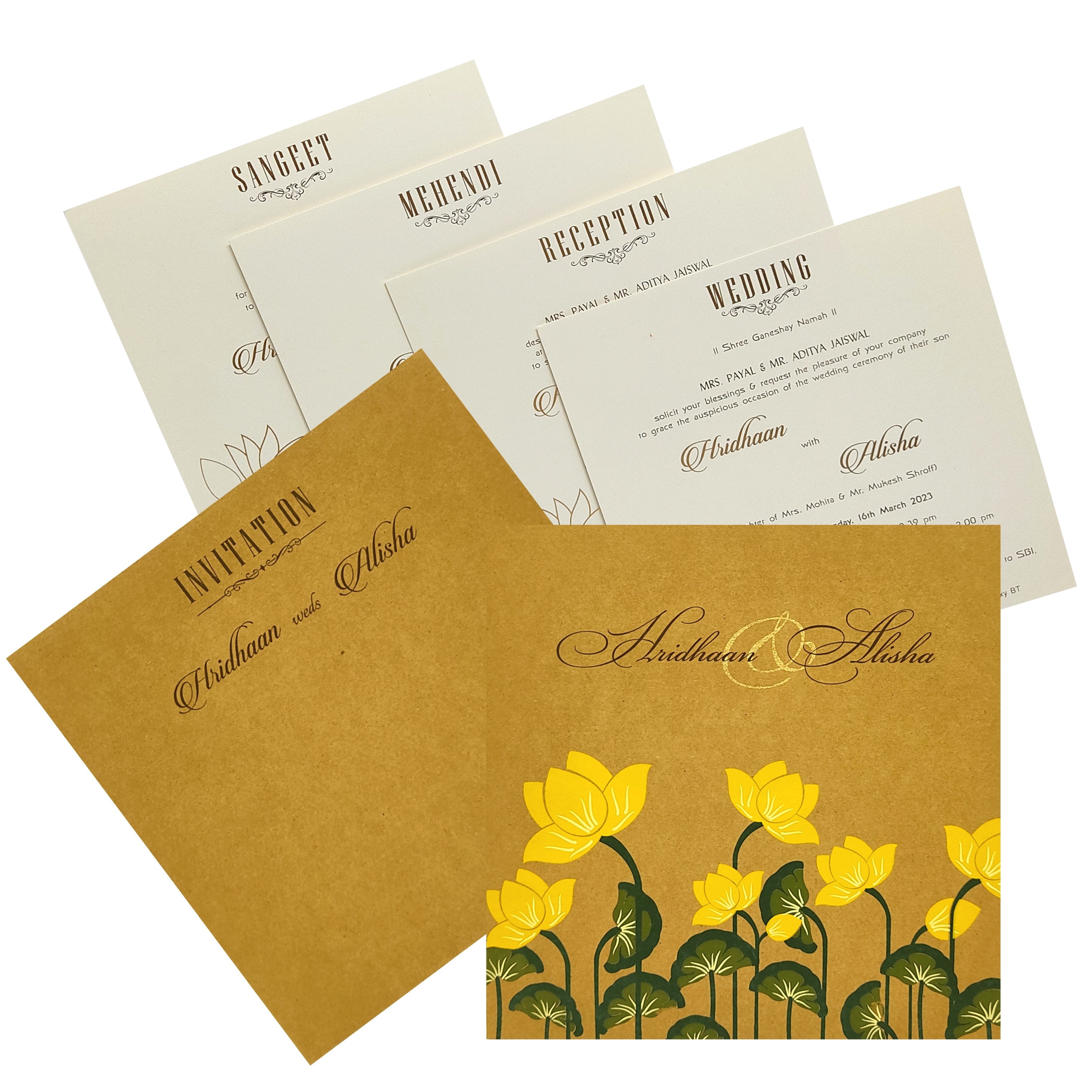 Khaki Brown Lotus Floral Wedding Card-Krc28550