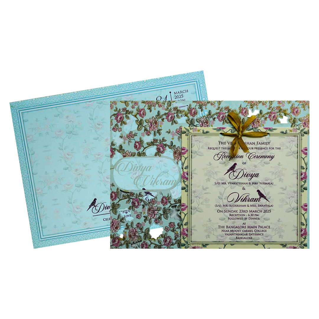 Blue Floral MDF Wedding Card Design-KNKO7602