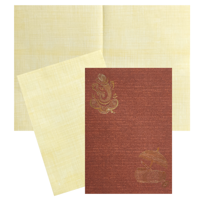 Red paper print single sheet invitation card features ganesha and tabala print with one insert and an envelope. Shipping and printing charges are extra.