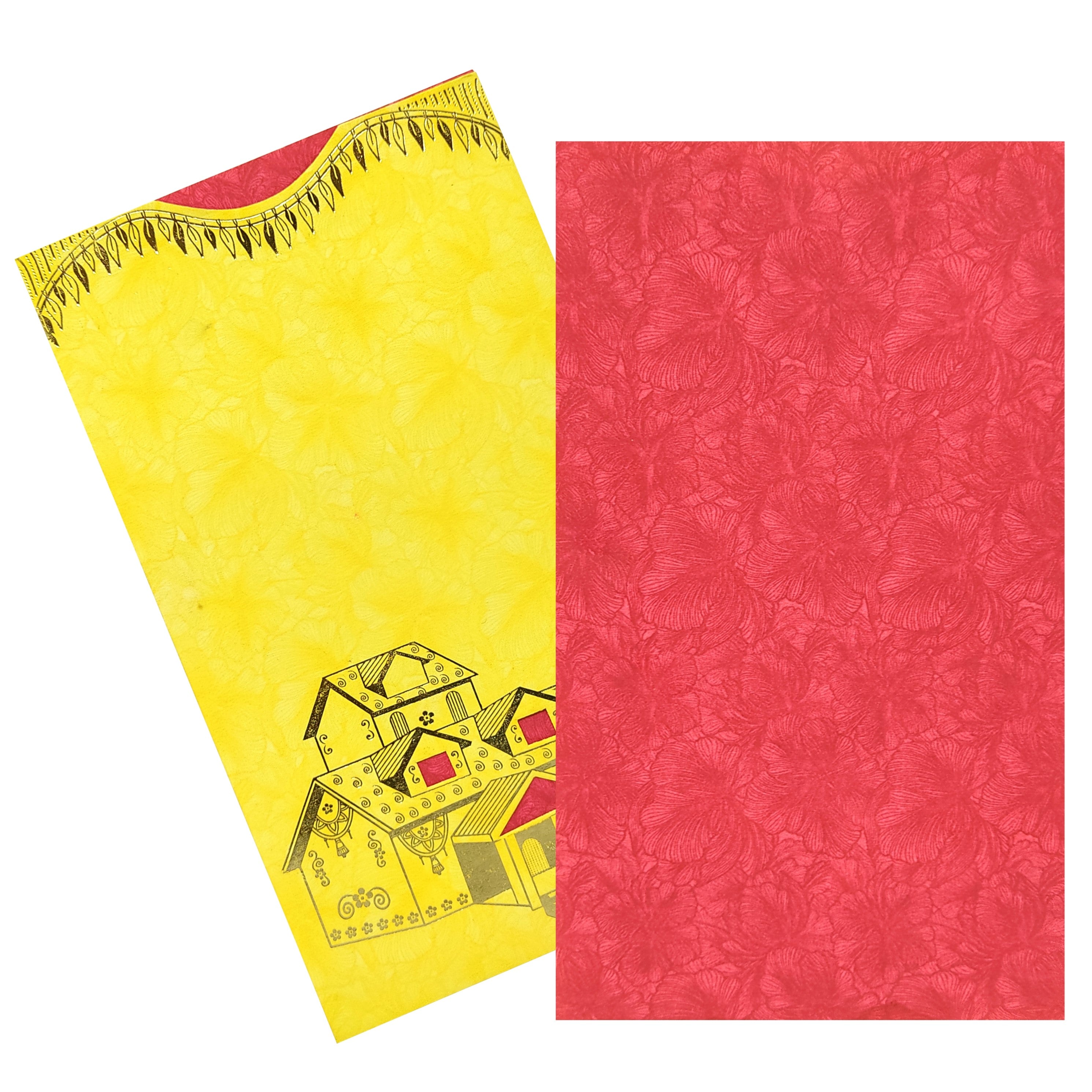 Check out the collection of Yellow single sheet floral house foil print with red floral insert invitation card at best price. &