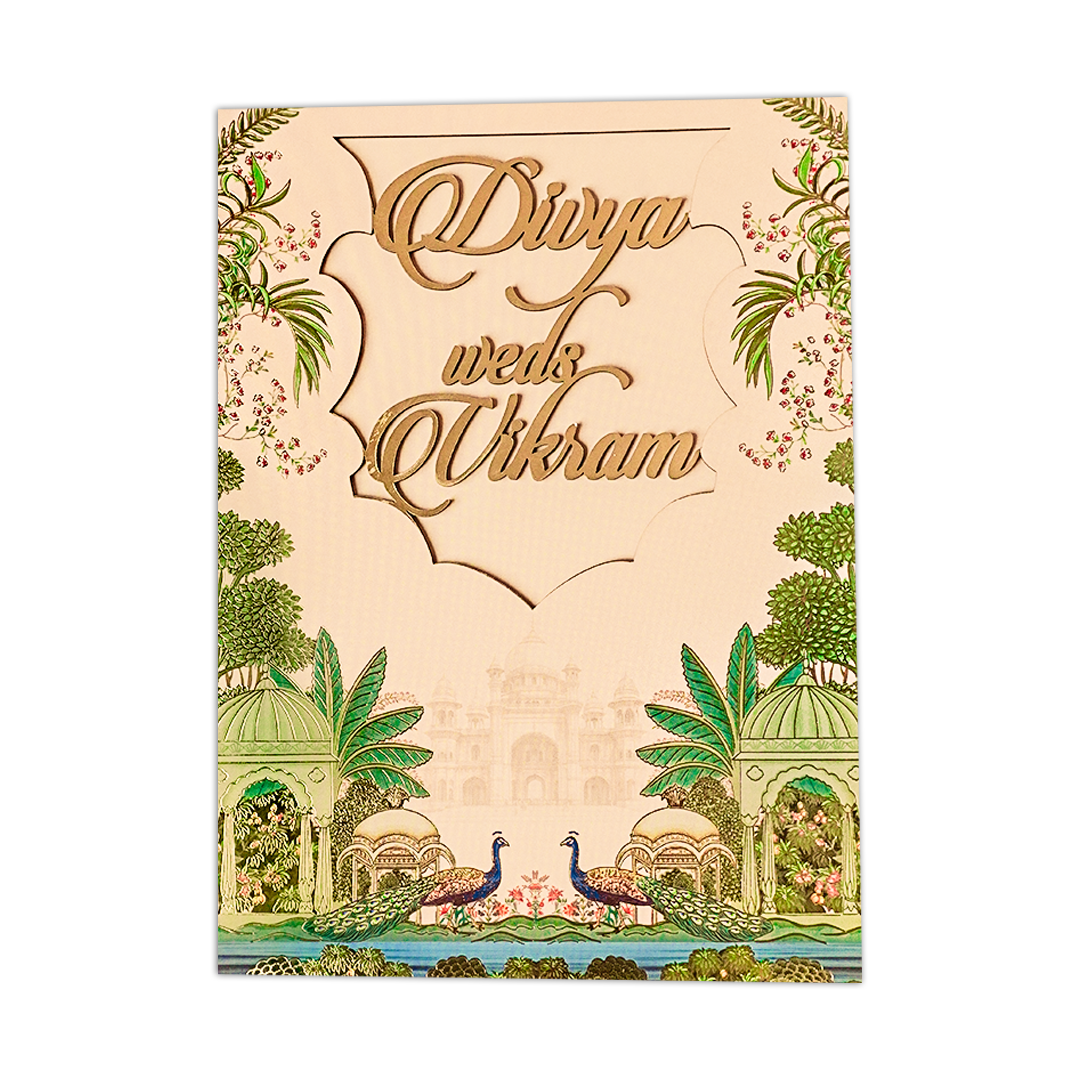 Cream Palace Peacock Padded Wedding Card-KNOR5203