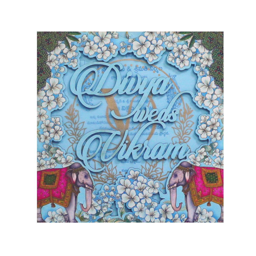 Blue Floral Elephant Cutout Wedding Card-KNPL5805