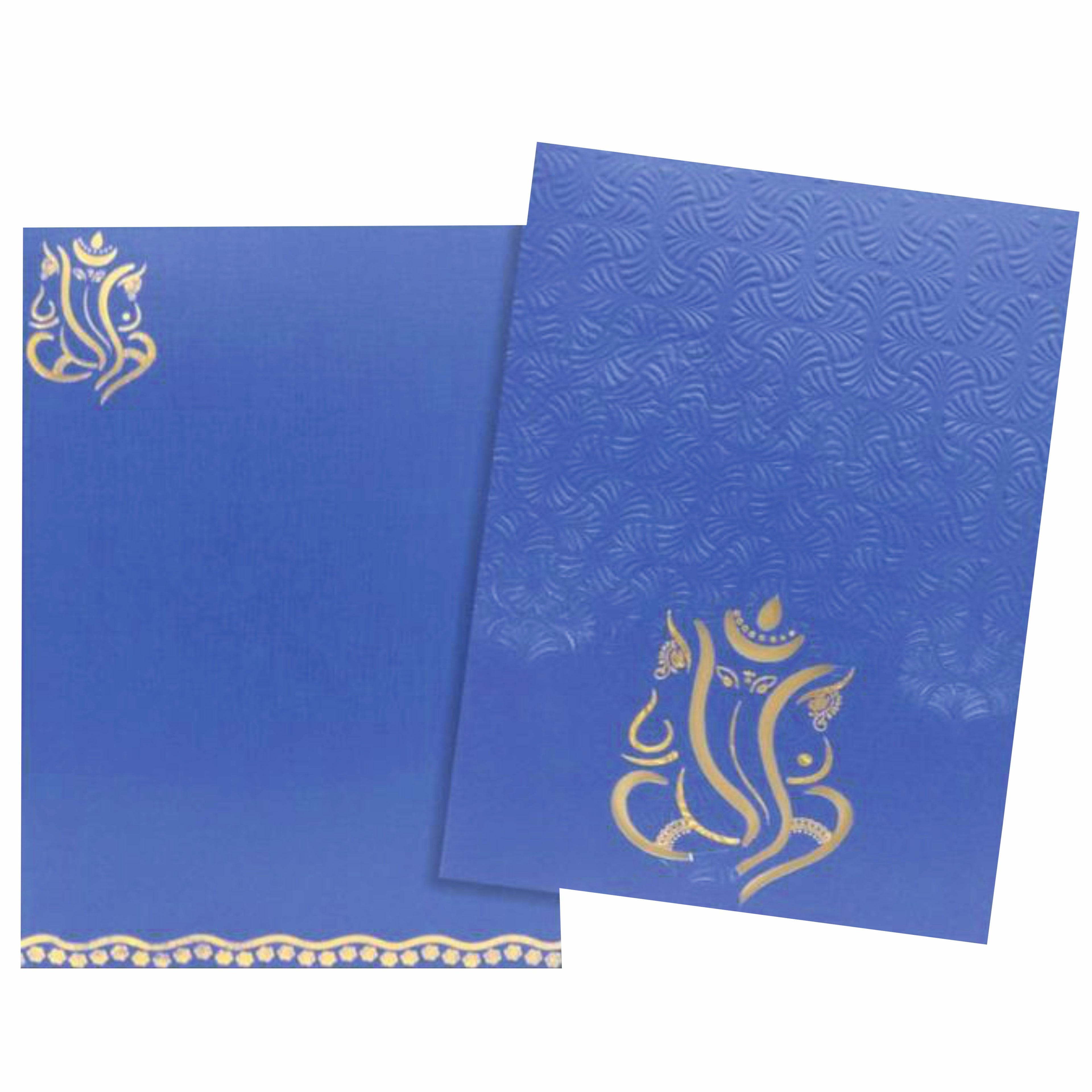 Embossed Blue Floral Shading With Cut Ganesha Wedding Card - KNK30500