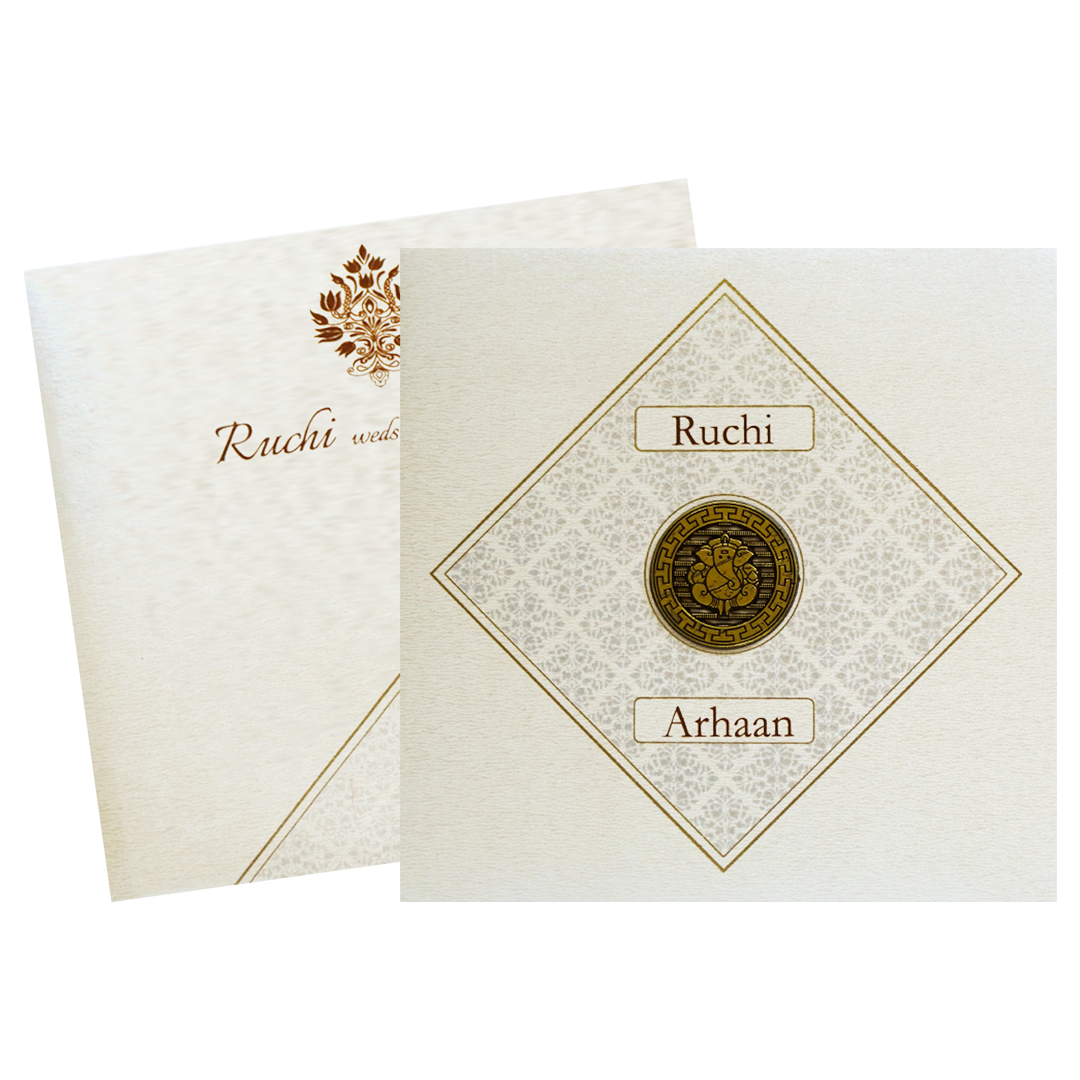 Pearl White Ganesha Wedding Card-KRC30142