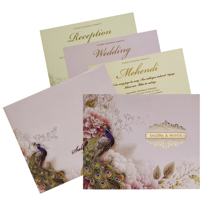 Light Pink Peacock Padded Wedding Card-King of Cards