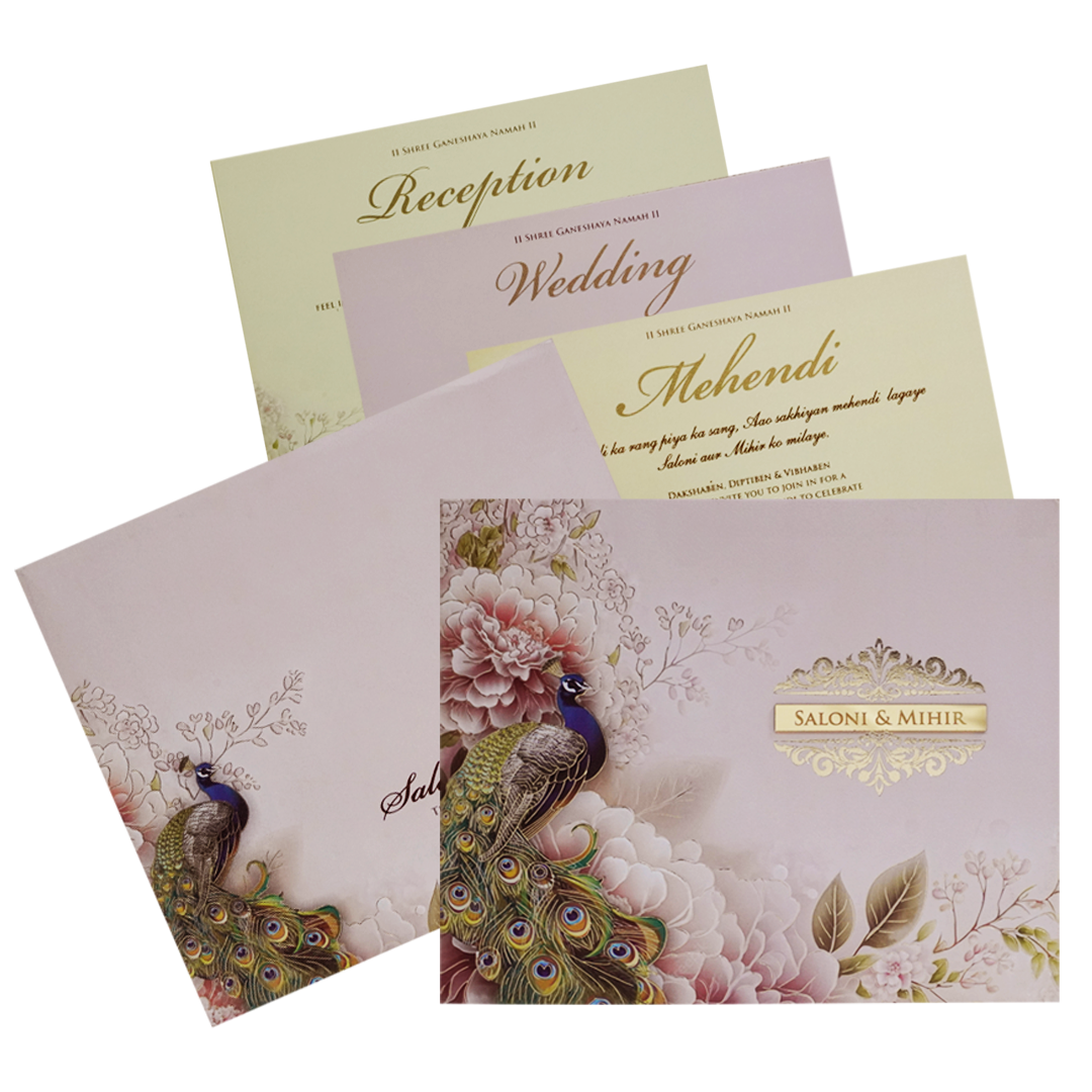 Make your event special with our exclusive Light Pink Peacock Padded Wedding Card. Shop now! ?WhatsApp Support ?Express Delivery.