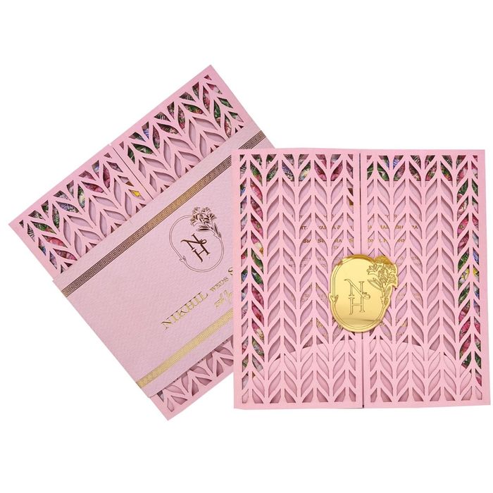 Pink Trendy Laser Cut Invitation With Gold Wedding Logo-KNKYP003-King of Cards