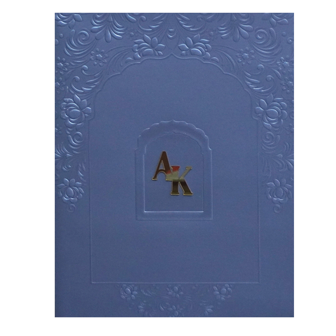 Blue Embossed Floral Wedding Card-KPR09360