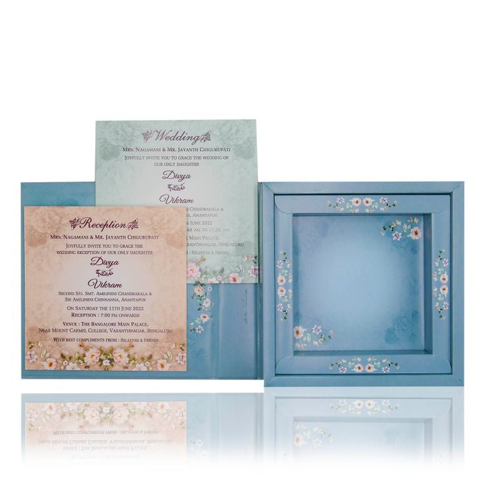 Blue floral sweet box invitation card-King of Cards