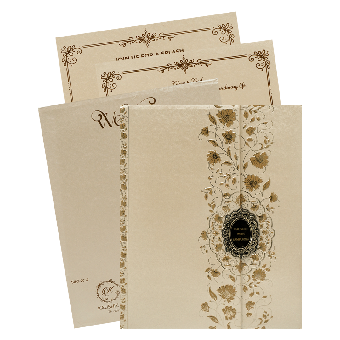 Check out Cream Gold Floral Padded Wedding Card at best price. ✅WhatsApp Support ✅Express Delivery.|King of cards.