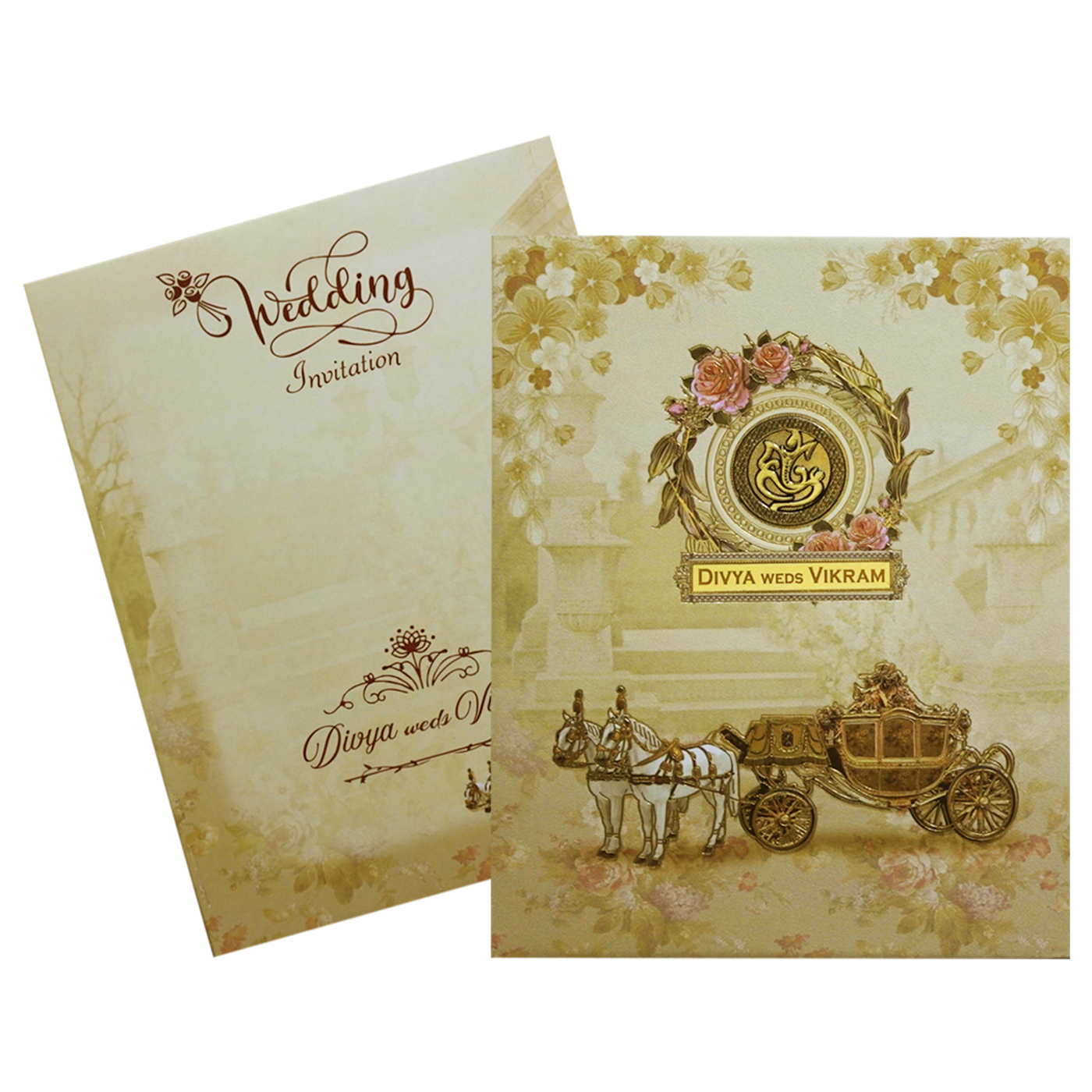 Cream Horse Chariot Padded Wedding Card-KNMO9301