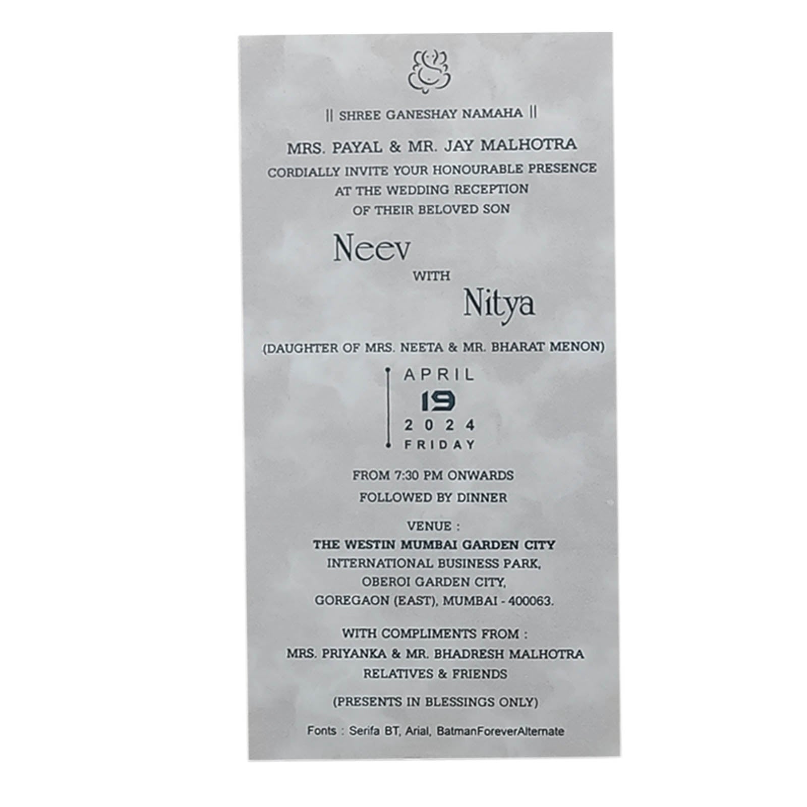 Grey Single Sheet Wedding Card-KRCS6432