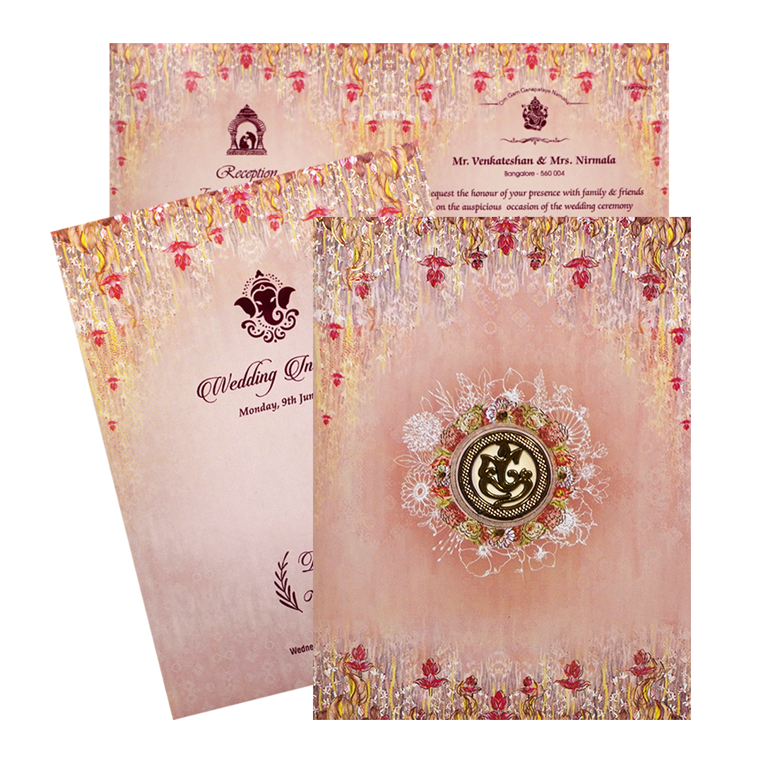 Orange Classic Offset features florets, buds and flowers in red at top and bottom of the main card. These flowers are given a touch of gold foiling print, adding a touch of enrichment.