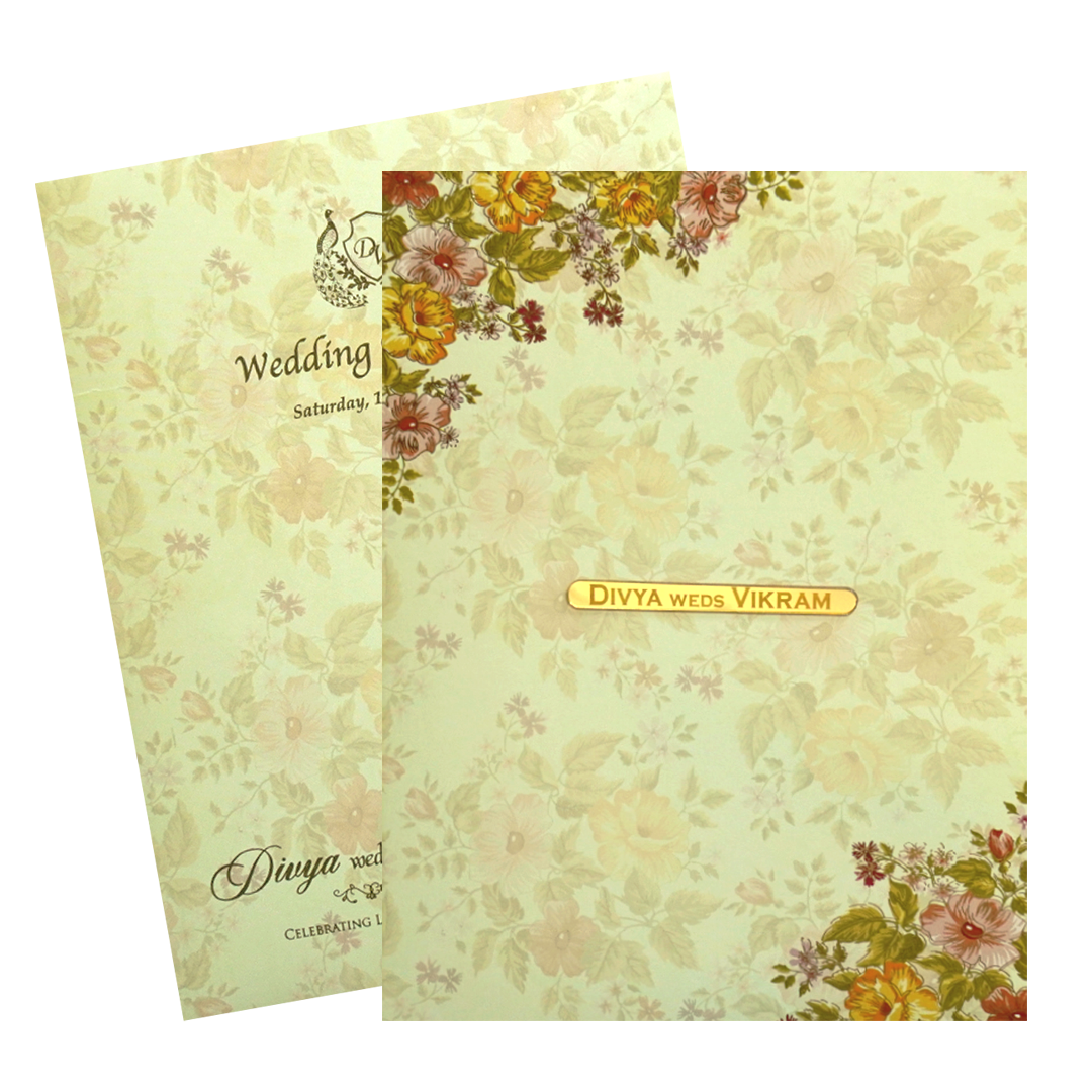 Olive Green Classic Designer Floral Offset Wedding Card With Name Plate-KNKC4031