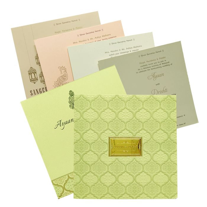 Selling Gold embossed design padded invitation card online. Buying invitation cards made easy with King of Cards! &