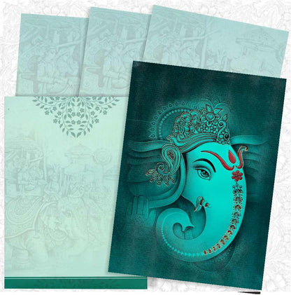 Gorgeous Green Shading With Ganesha Design Padded Wedding Card - KAP49290