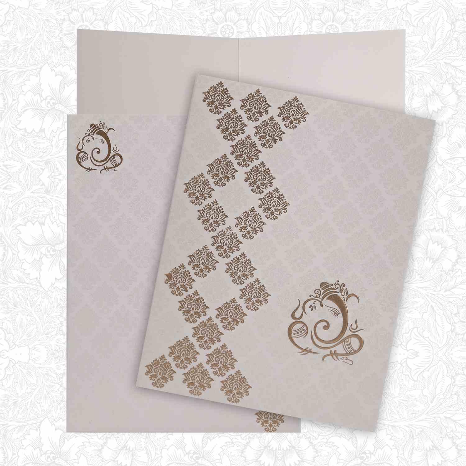 Gold Foiling Embossed Ganesha With White Shading Wedding Card - KNK1145