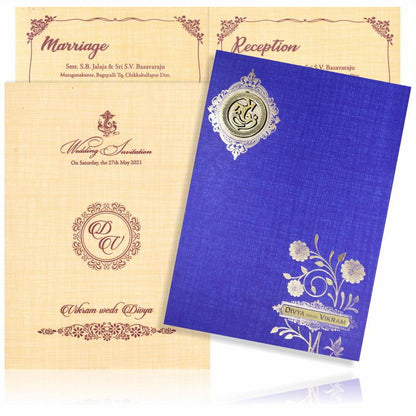 Blue Metallic Floral Print And Ganesha With Gold Foiling-KNCM819B