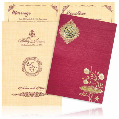 Red Metallic Floral Print And Ganesha With Gold Foiling-KNCM819W