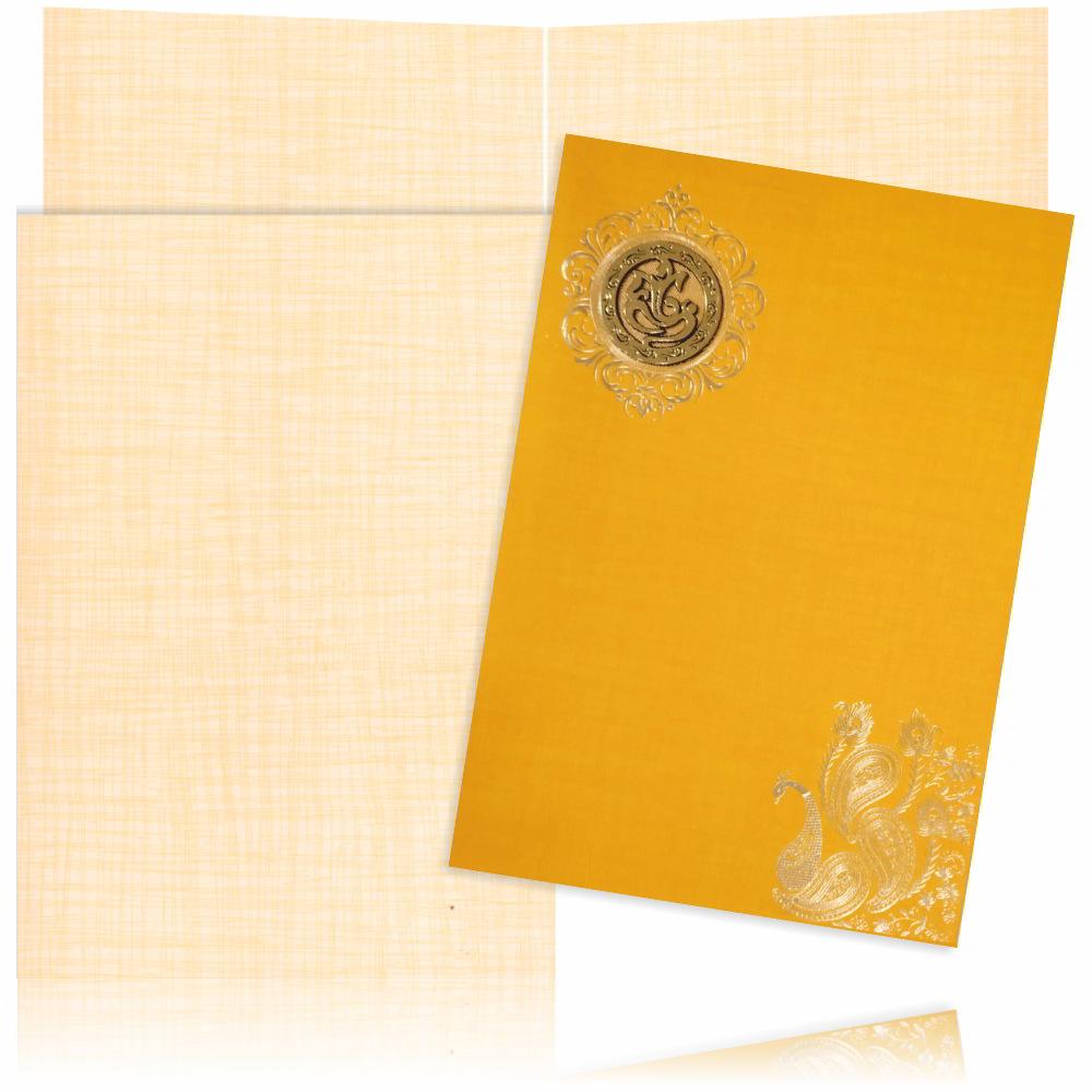 Orange Classic Paper Print Peacock Print And Ganesha Sticker Wedding Invitation Card-KNCP812O-King of Cards