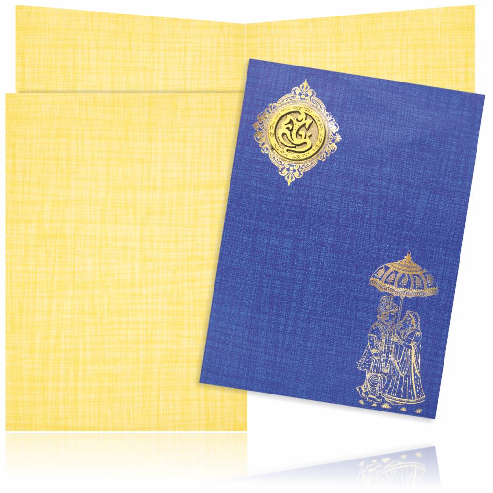 Blue Classic Paper Print Bride And Groom Wedding Card With Ganesha Emblem-KNCP814B-King of Cards