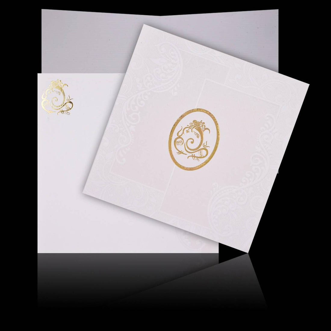 Gold Foiling Embossed Ganesha With Pristine White Shading Wedding Card - KNK08190
