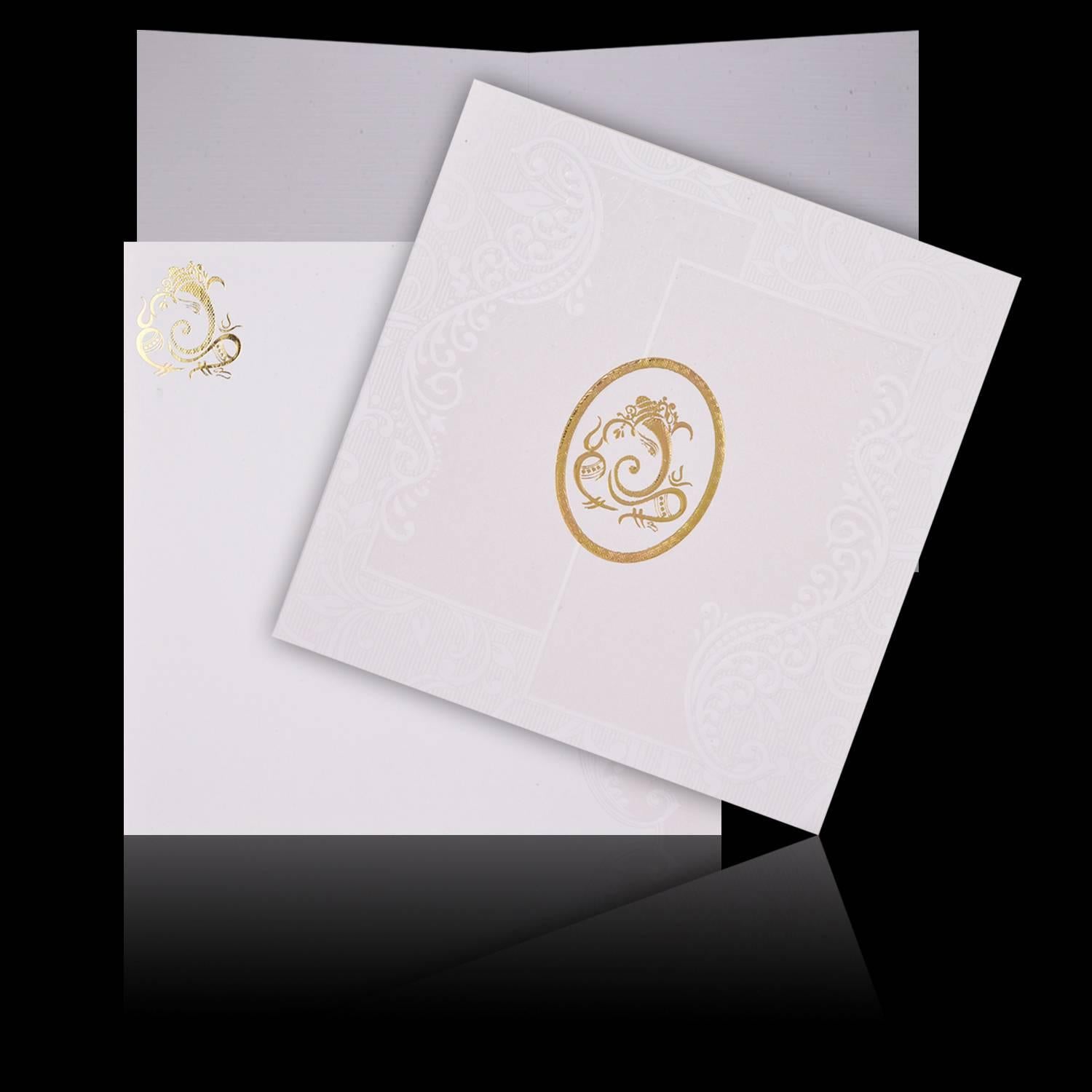 Gold Foiling Embossed Ganesha With Pristine White Shading Wedding Card - KNK08190