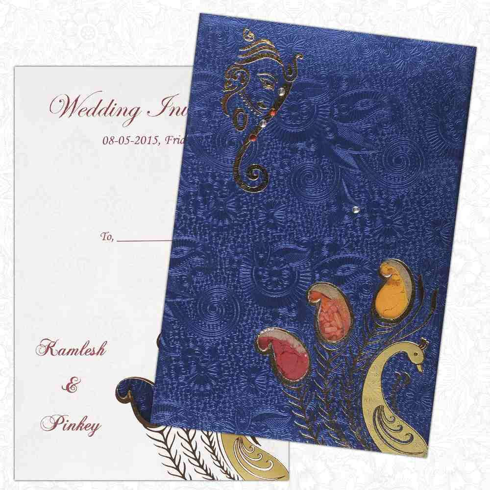 Invitation Card - Ganesha and Peacock invitation card on Metallic blue - KNK1256-King of Cards