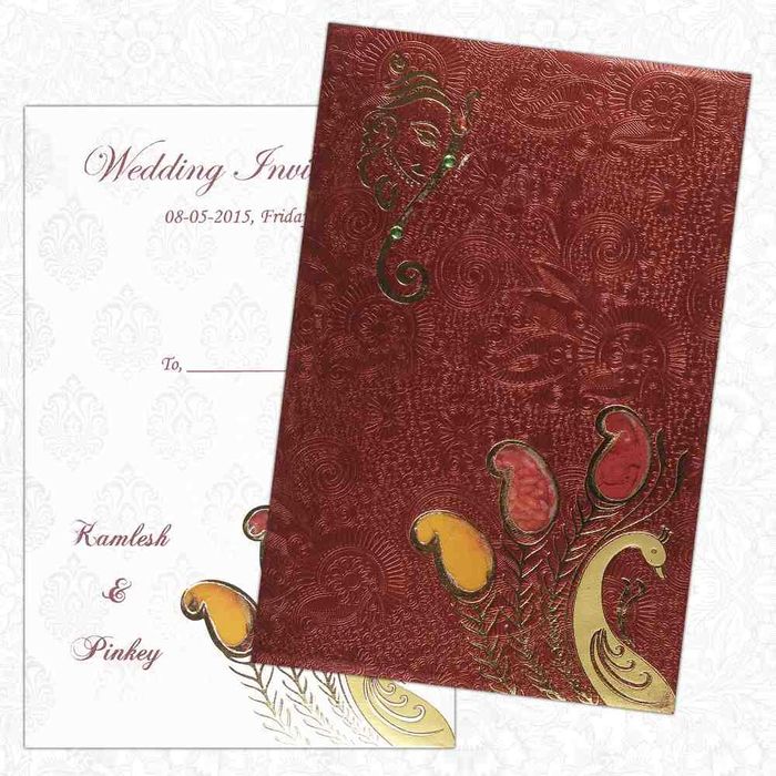 Invitation Card - Attractive Peacock and Hindu Lord Ganesha Card in Metallic Bronze-KNK1406-King of Cards