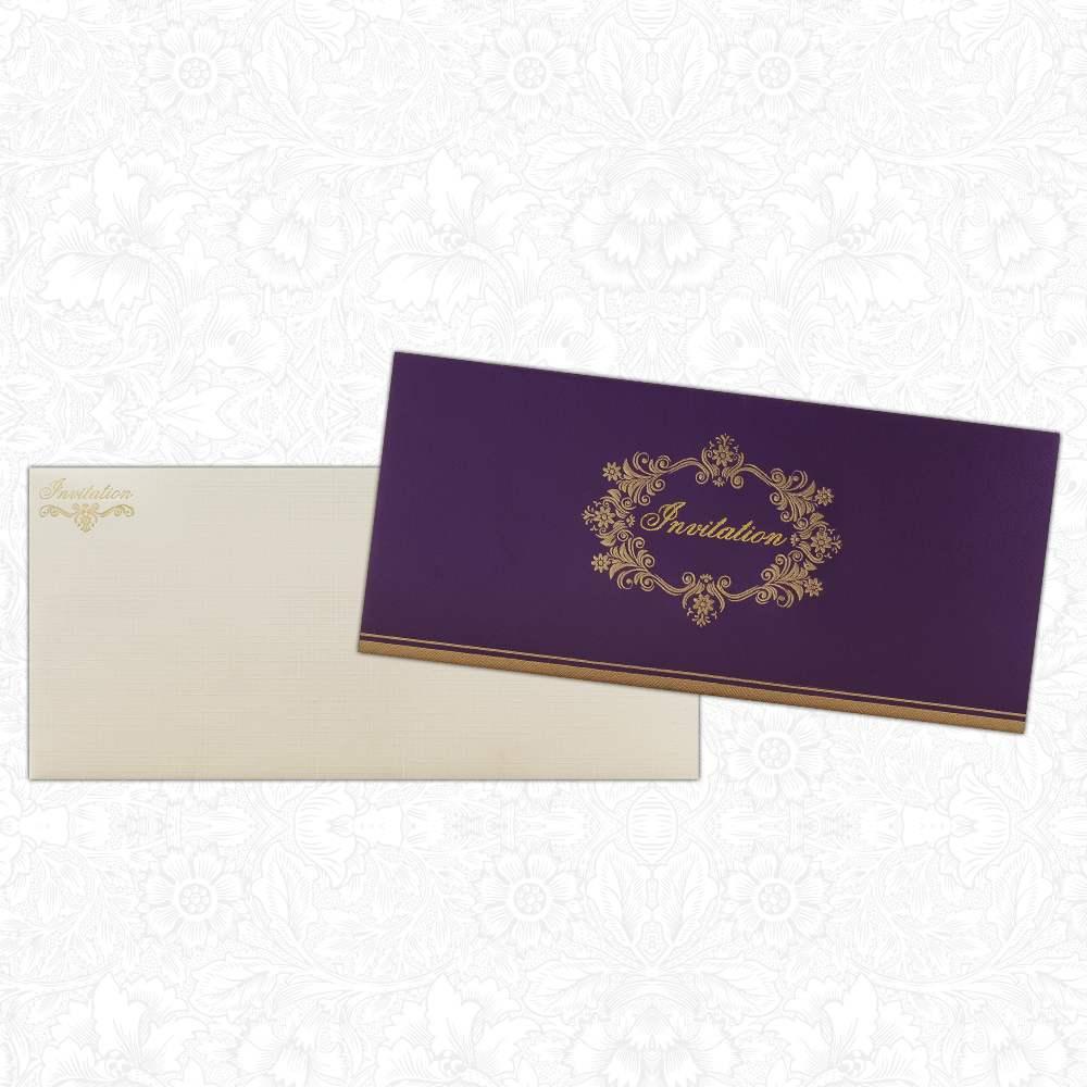 Purple personal invitation card with gold foiling design in the center. It comes with a white cover.