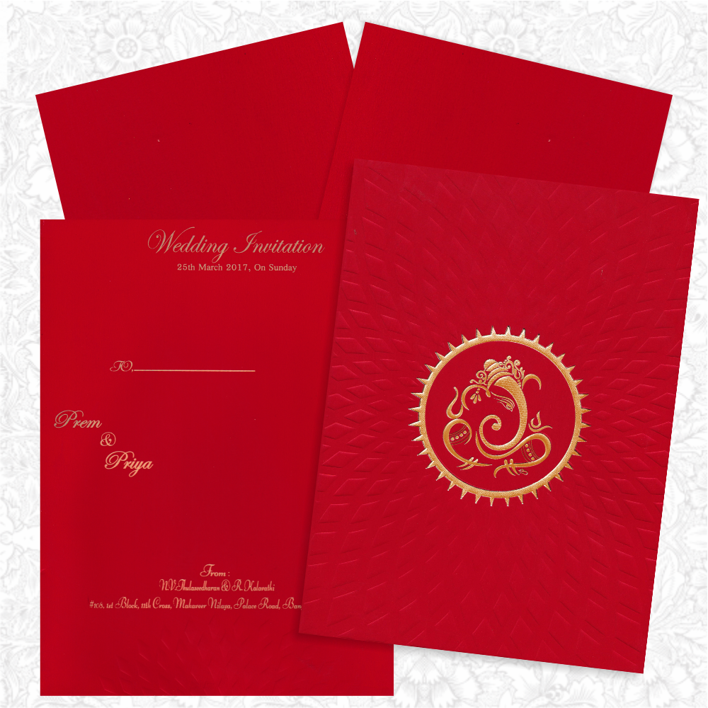 Royal Red Shading With Embossed Design Wedding Card - KNK2048