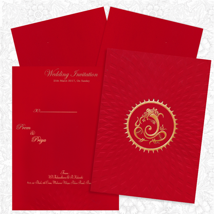 Royal Red Shading With Embossed Design Wedding Card - KNK2048