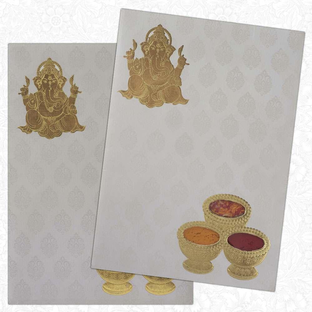Artistic White Shading With Gold Foiling Ganesha Design Padded Wedding Card - KNK2170
