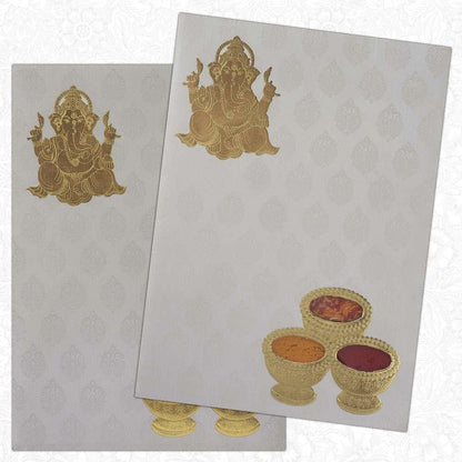 Artistic White Shading With Gold Foiling Ganesha Design Padded Wedding Card - KNK2170