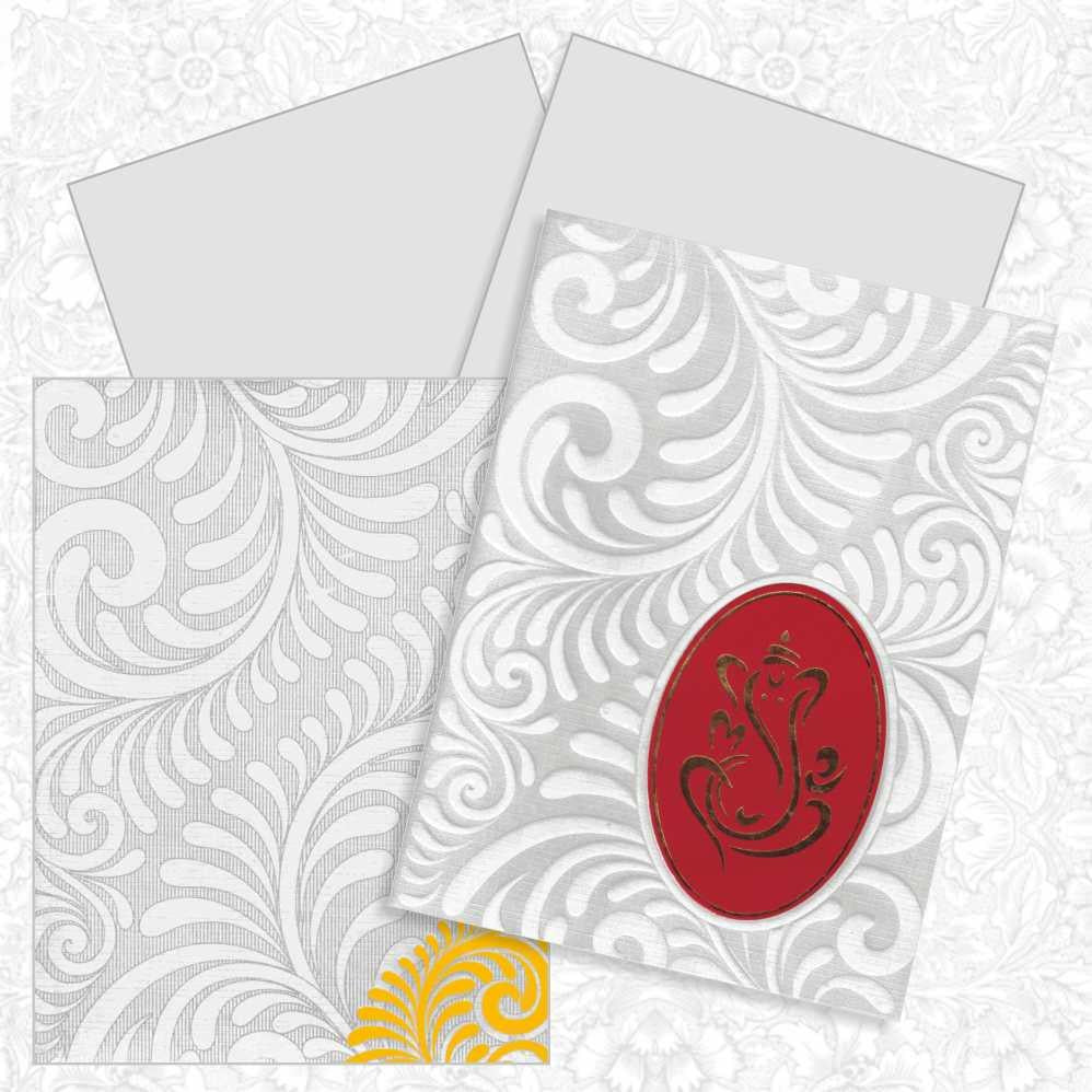 White Floral Red Ganesha Wedding Card-KNK2299