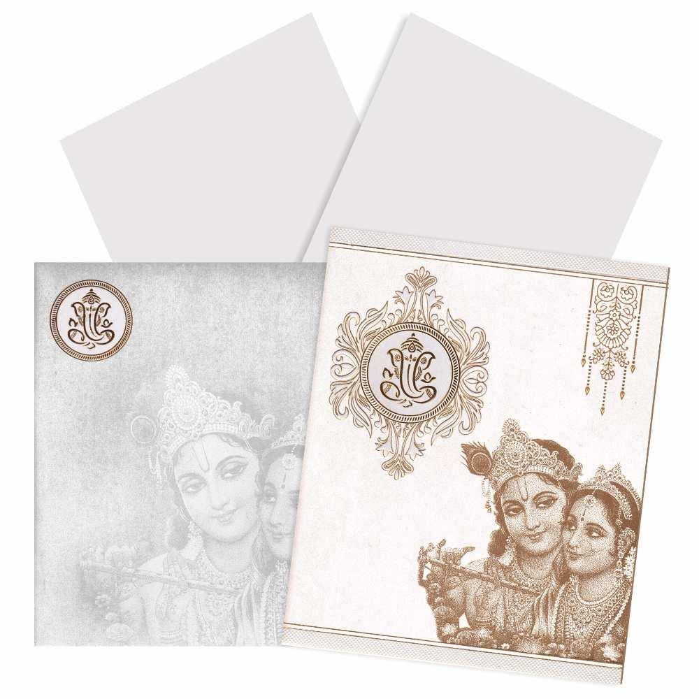 Invitation Card - Designer White Ganesha Radha Krishna Card - KNK2447
