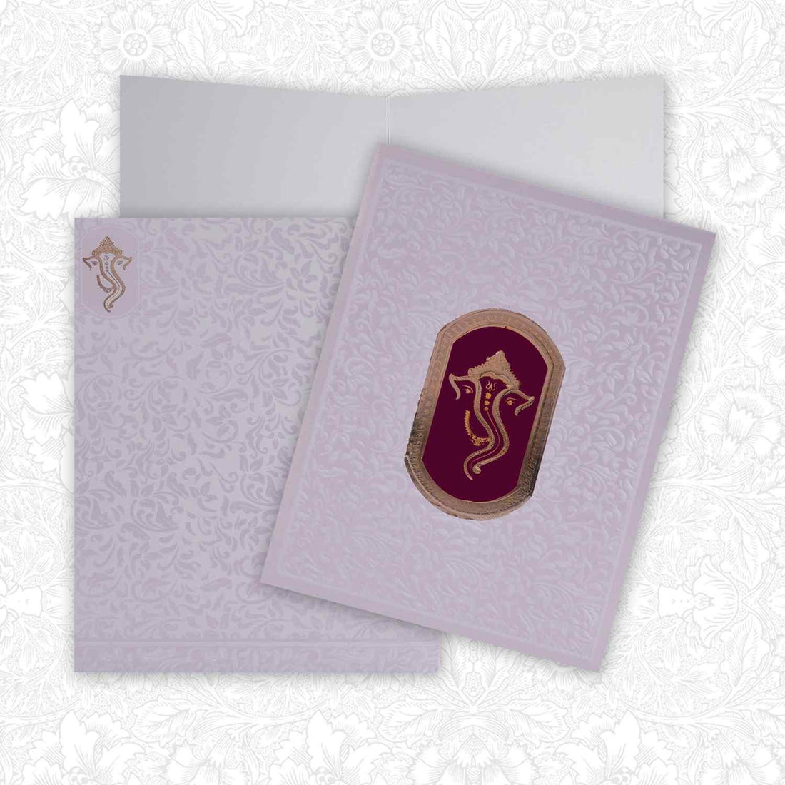 Enchanting Gold Ganesha With Violet Background Wedding Card - KNK2831