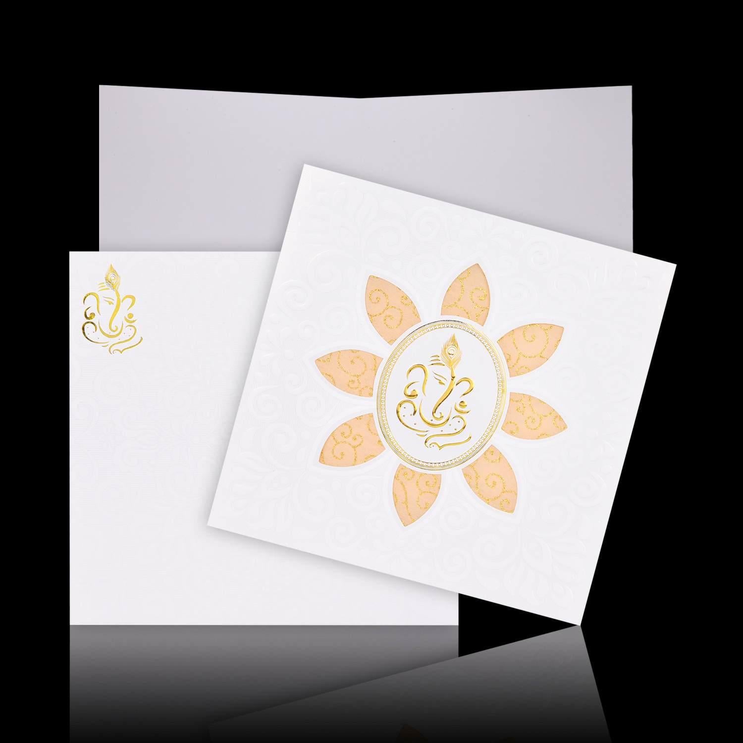 Gorgeous Gold Foiling Ganesha With Cut Design Wedding Card - KNK30530