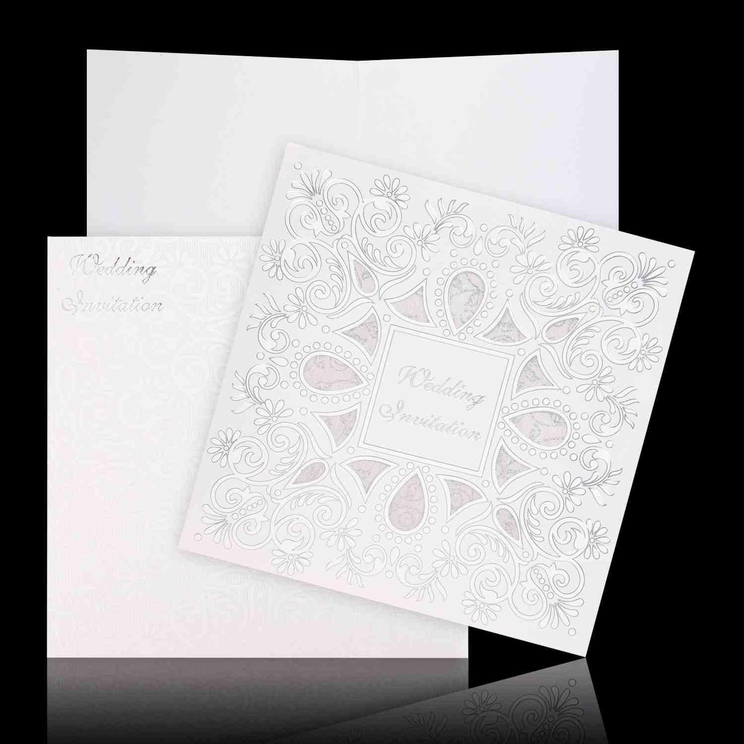 Classic Silver Wolly White Invitation Wedding Card - KNK30580
