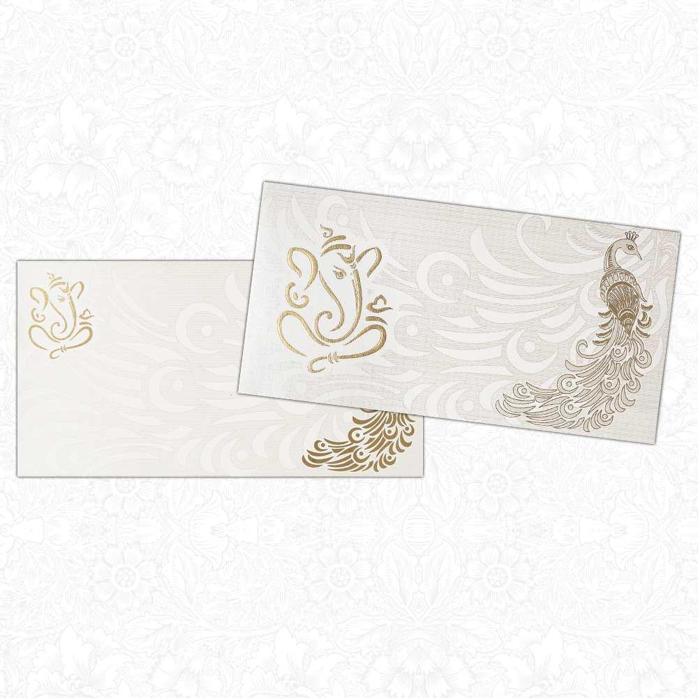 This exclusive Hindu Designer Mayur Ganesha Invitation card is from the royal collection and has been beautifully made in the combination of white and antique gold.