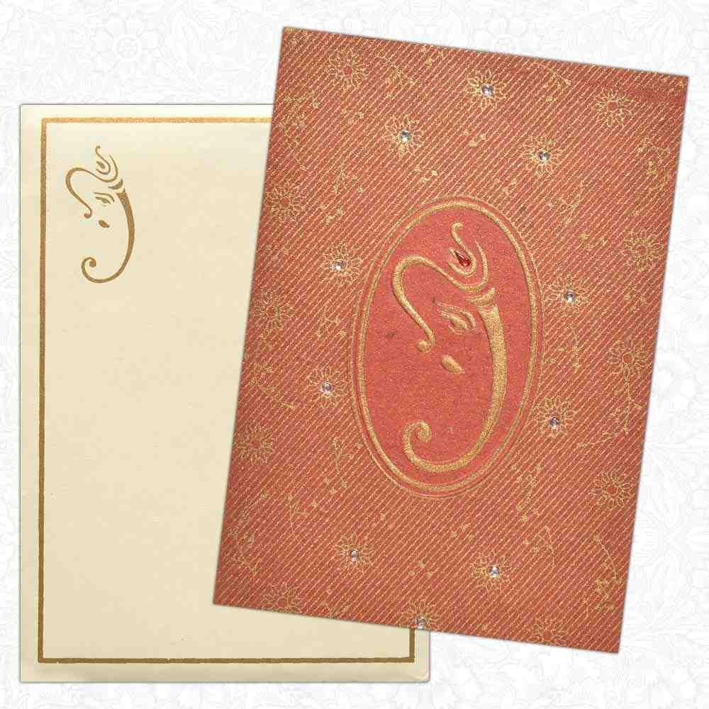 Invitation Card - Stone embellished Metallic Red Card with Lord Ganesha-KNK3977