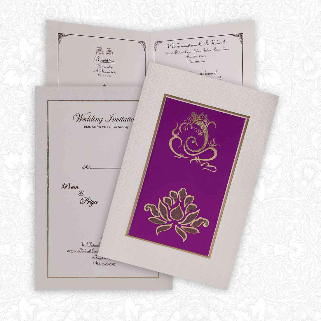 Fabulous Violet Shading With Bloom Subject Wedding Card - KNK4124