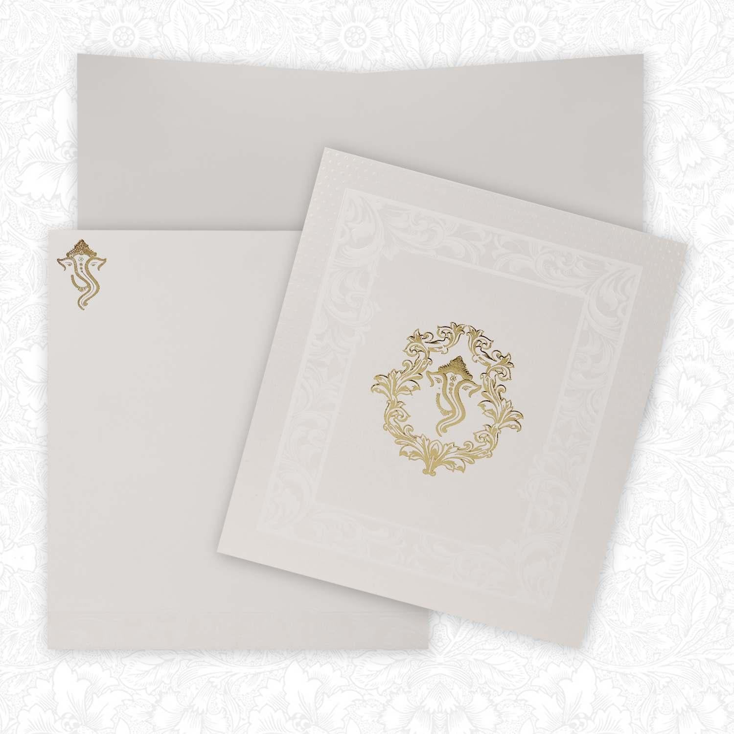 Pristine White Shading Flower Design With Ganesha Theme Wedding Card - KNK4255