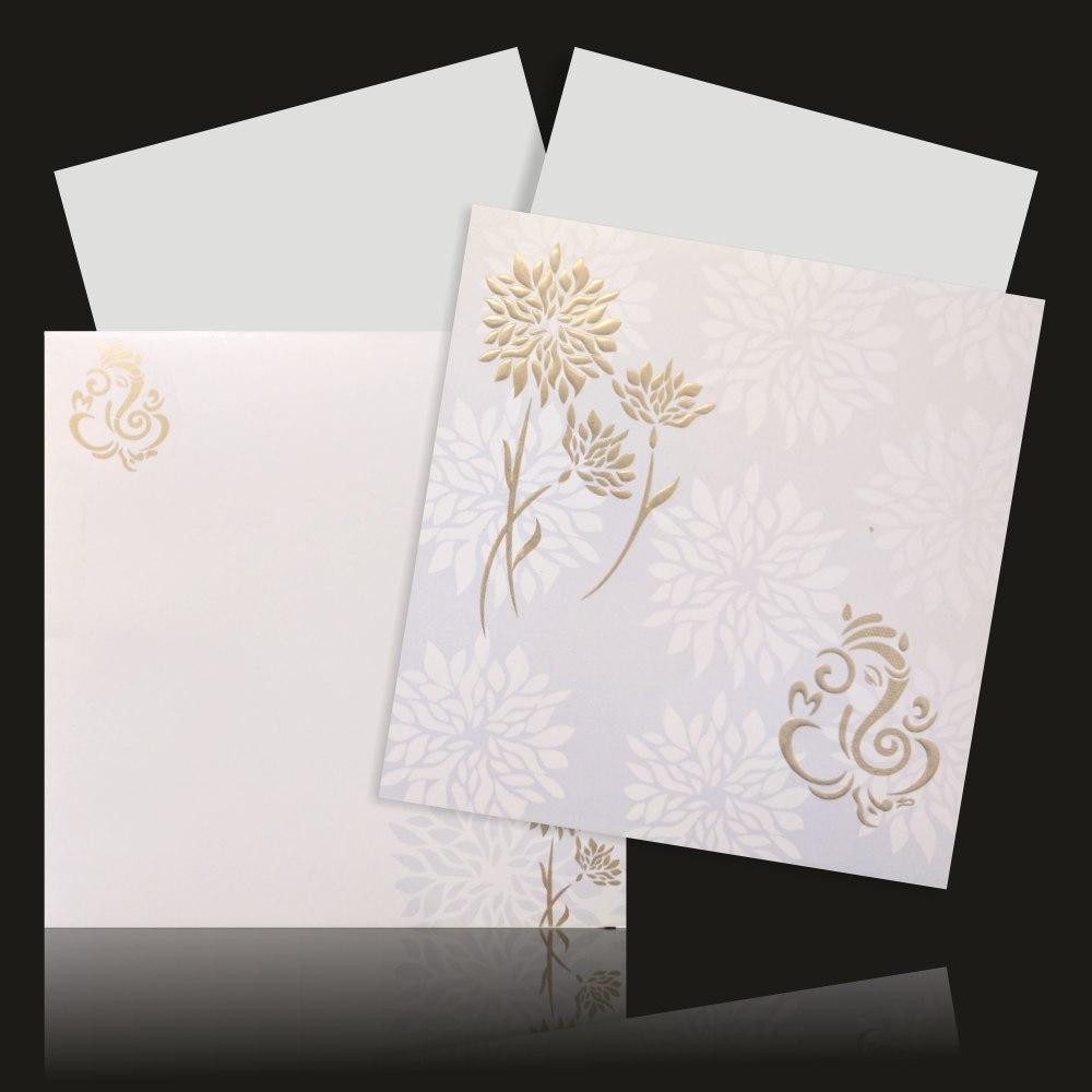 Glossy Flower White Color Ganesha Wedding Card - KNK43261
