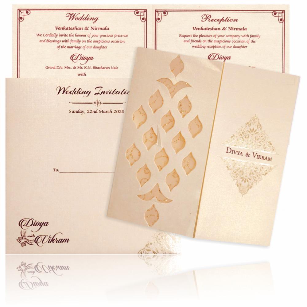 Cream Metallic Laser Cut Invitation With Sandal Wolly Foil-KNK4344C