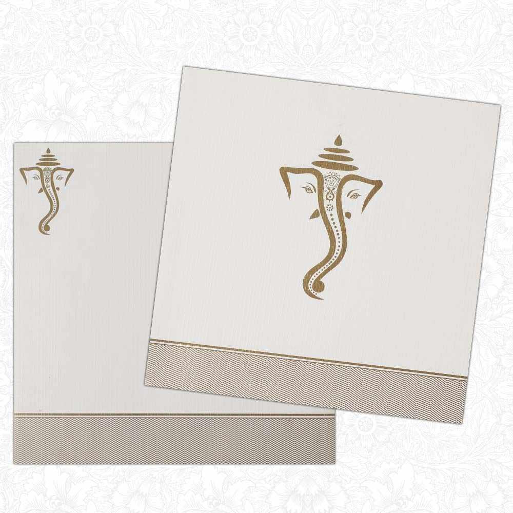 Invitation Card - Blessings from Lord Ganesha Card in white and gold-KNK4597