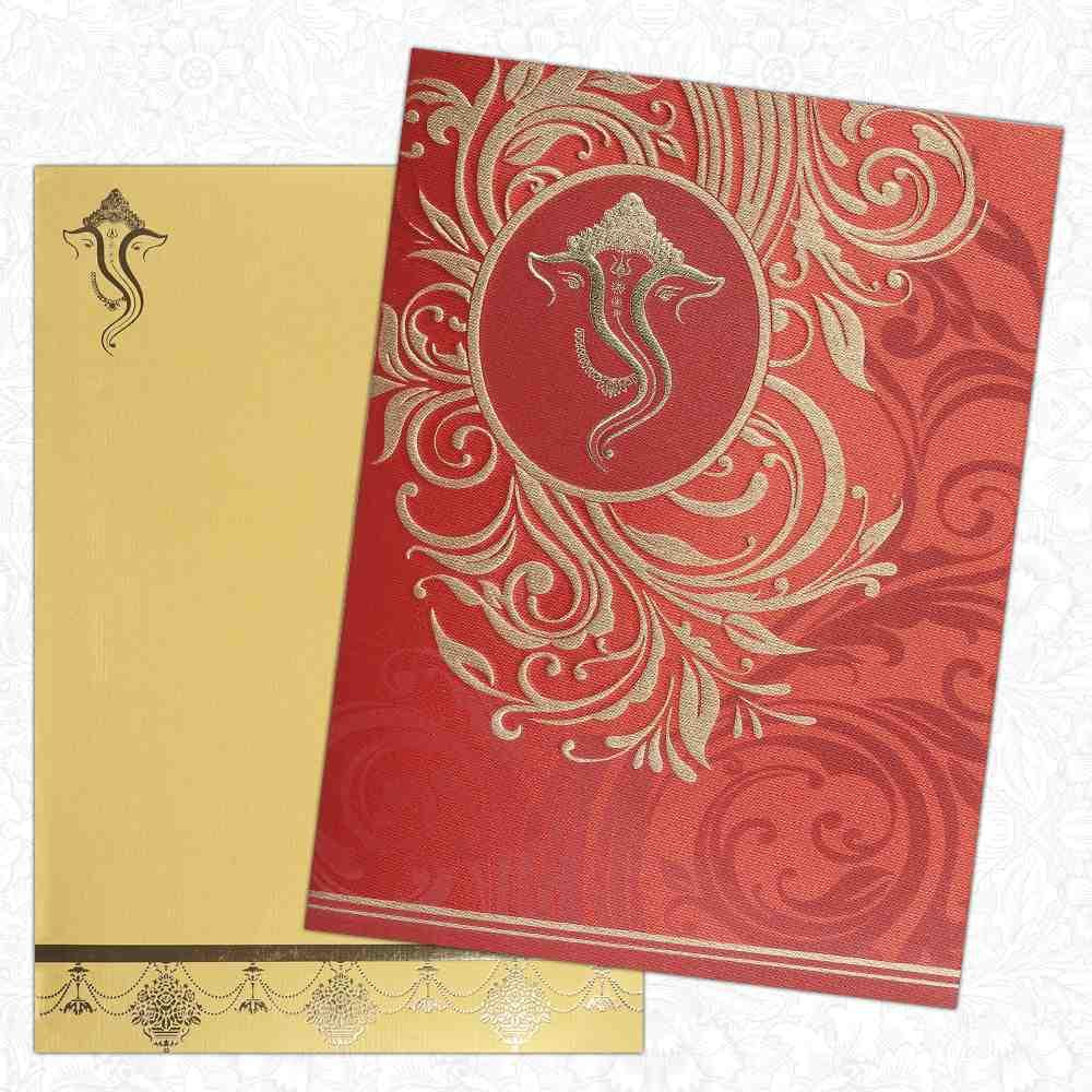 Invitation Card - Stunning Creation in Red and Gold with Hindu Ganesha Invitation Card-KNK4626