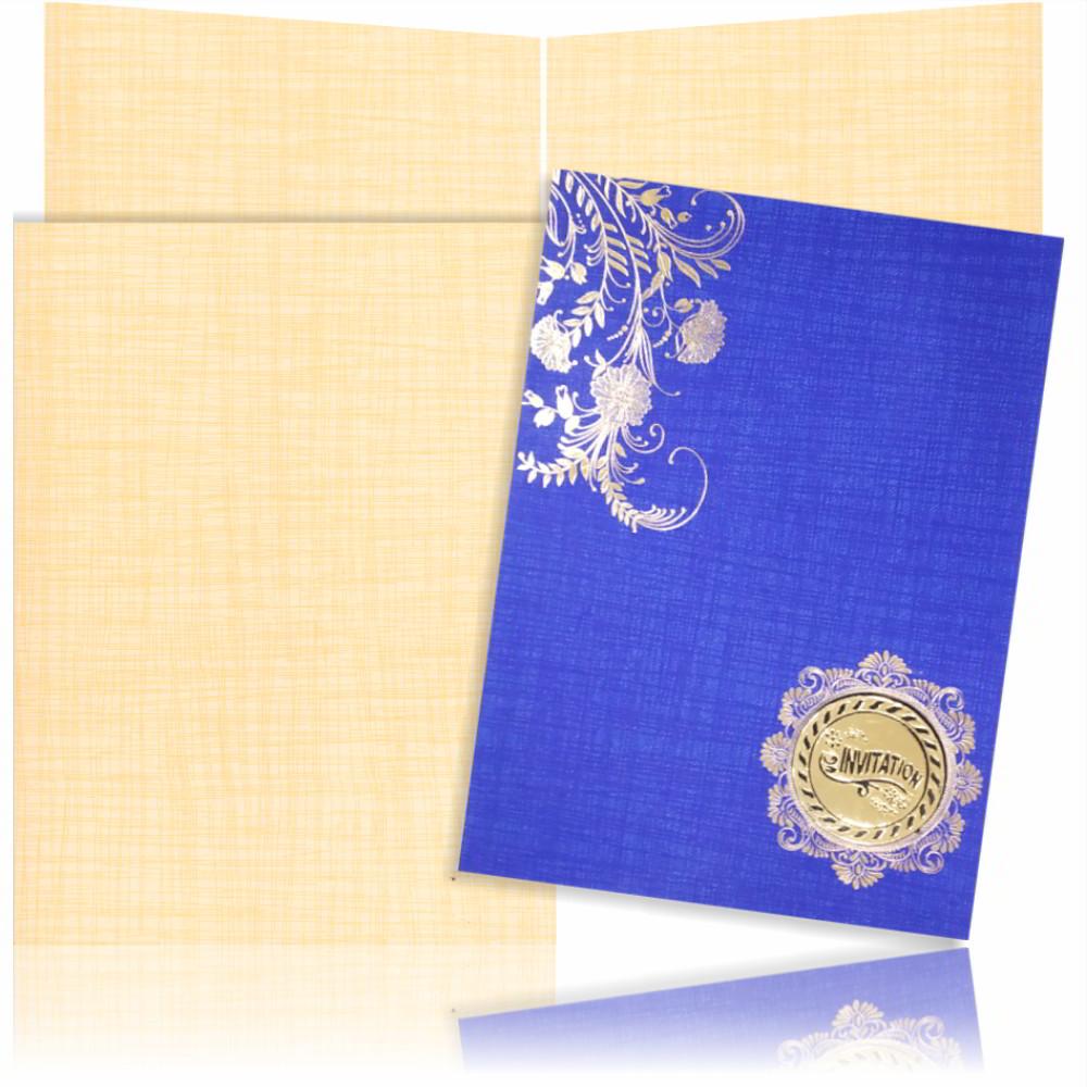 Blue Prince Paper Floral Design in Gold With Round ganesha Sticker wedding Card-KNPM708B-King of Cards